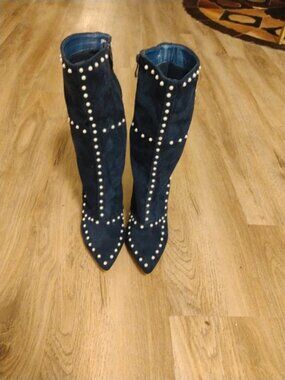 Navy Blue High heeled Boots, Decorated with Faux Pearls